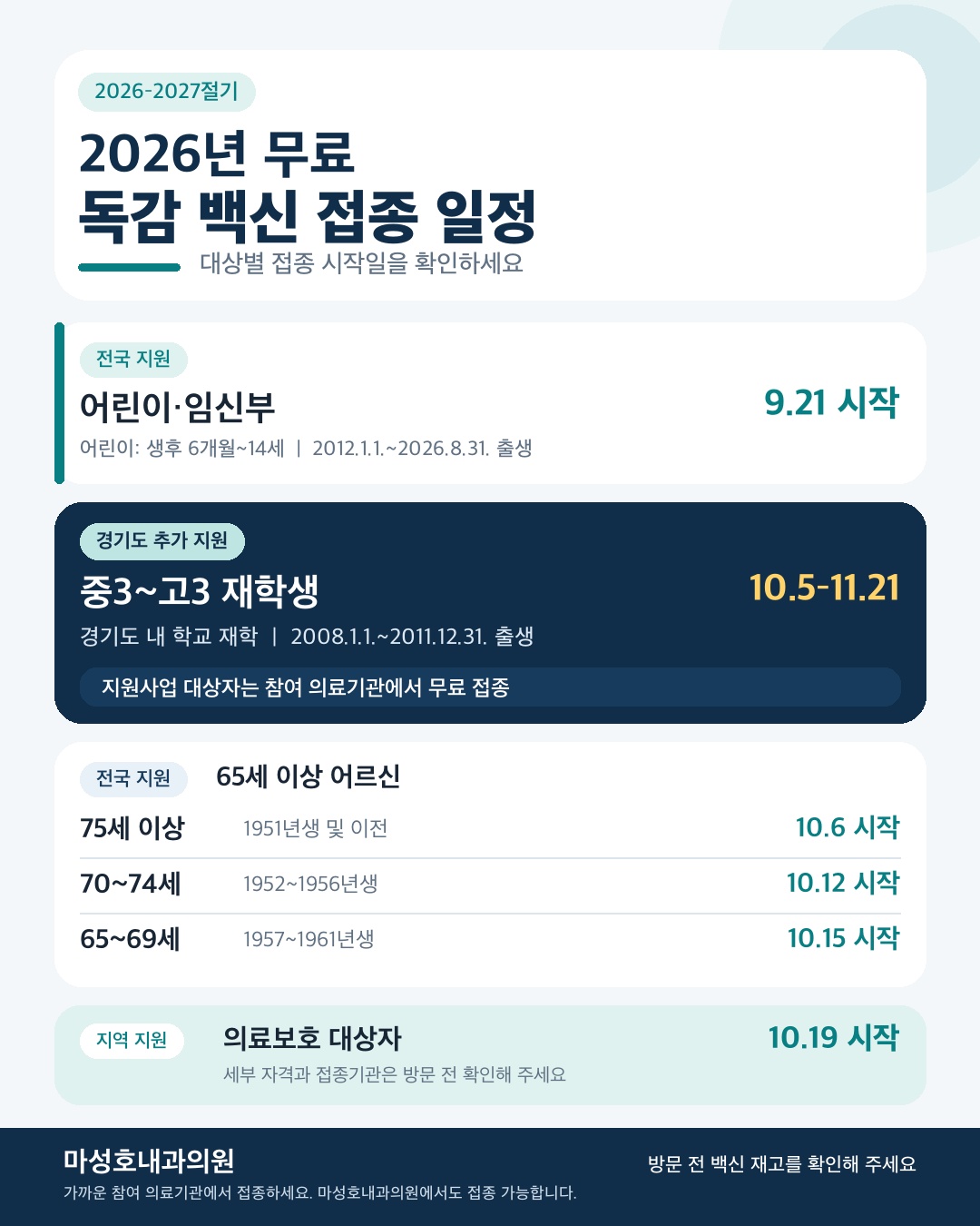 2026-2027절기 어린이 임신부 경기도 중3 고3 어르신 무료 독감 백신 접종 일정